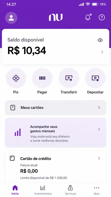 Tela ilustrativa de saldo de R$ 10,34